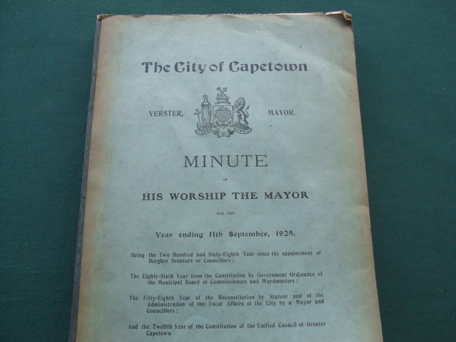 Image for The City of Capetown Minute of His Worship the Mayor for the Year Ending 11th September, 1925.