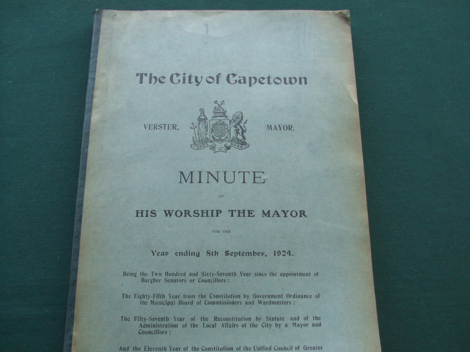 Image for The City of Capetown Minute of His Worship the Mayor for the Year Ending 7th September, 1924.