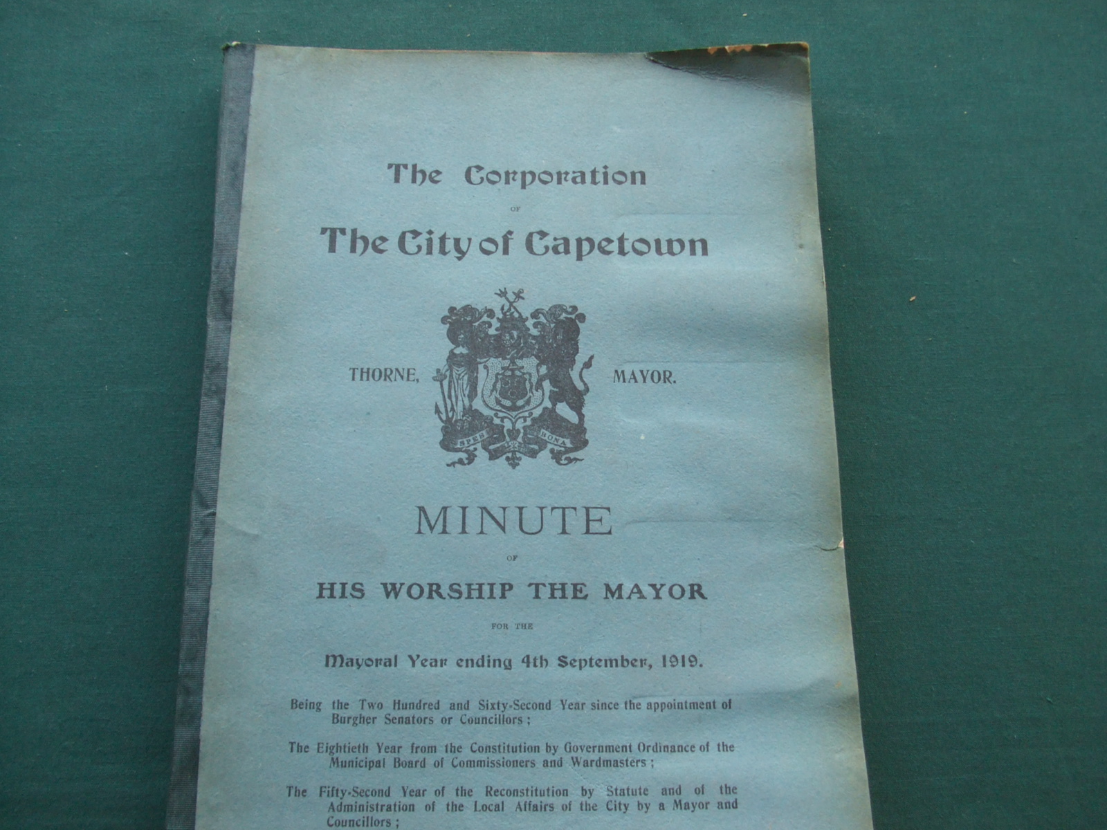 Image for The City of Capetown Minute of His Worship the Mayor for the Year Ending 7th September, 1919.