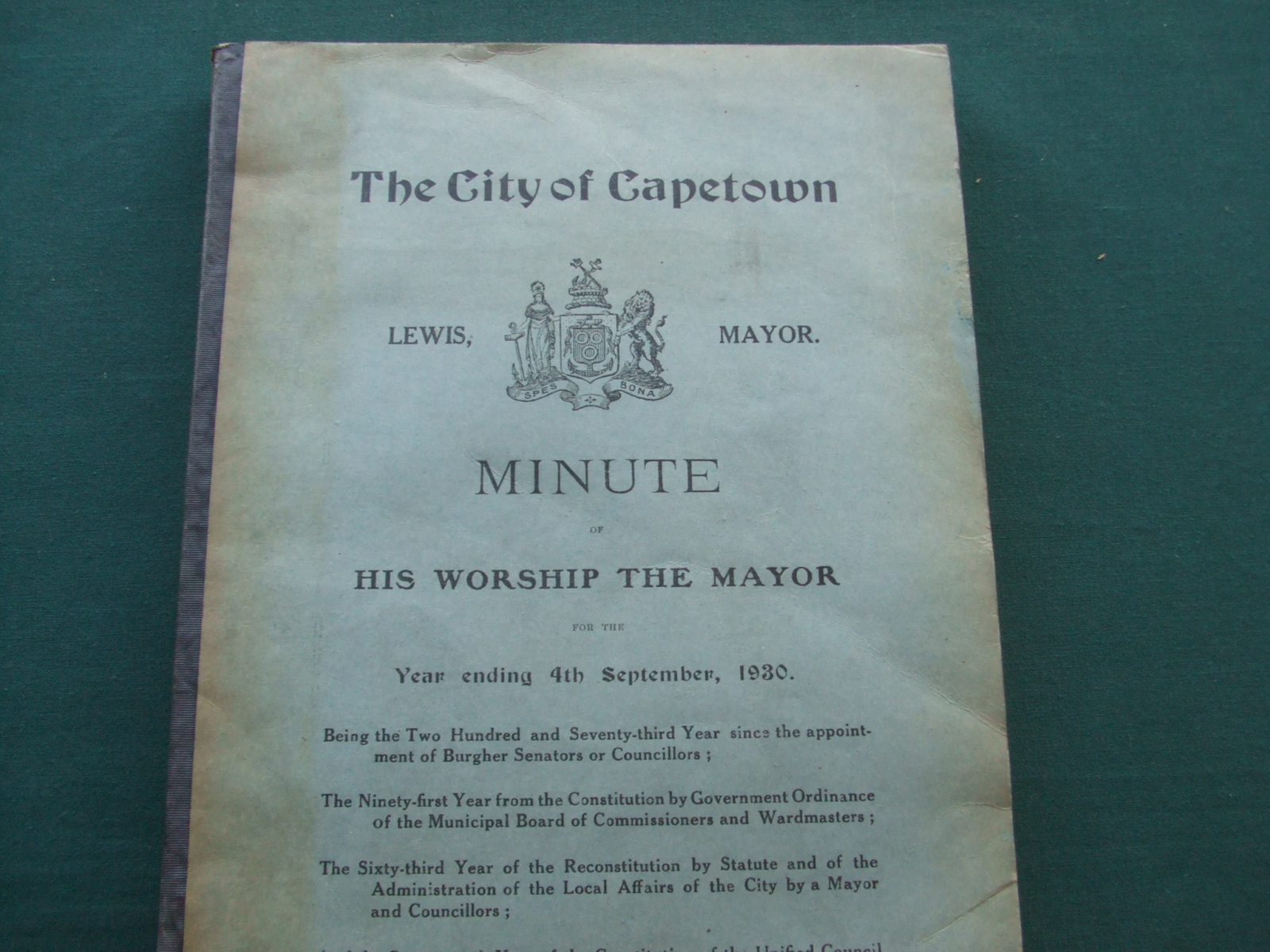 Image for The City of Capetown Minute of His Worship the Mayor for the Year Ending 7th September, 1930.