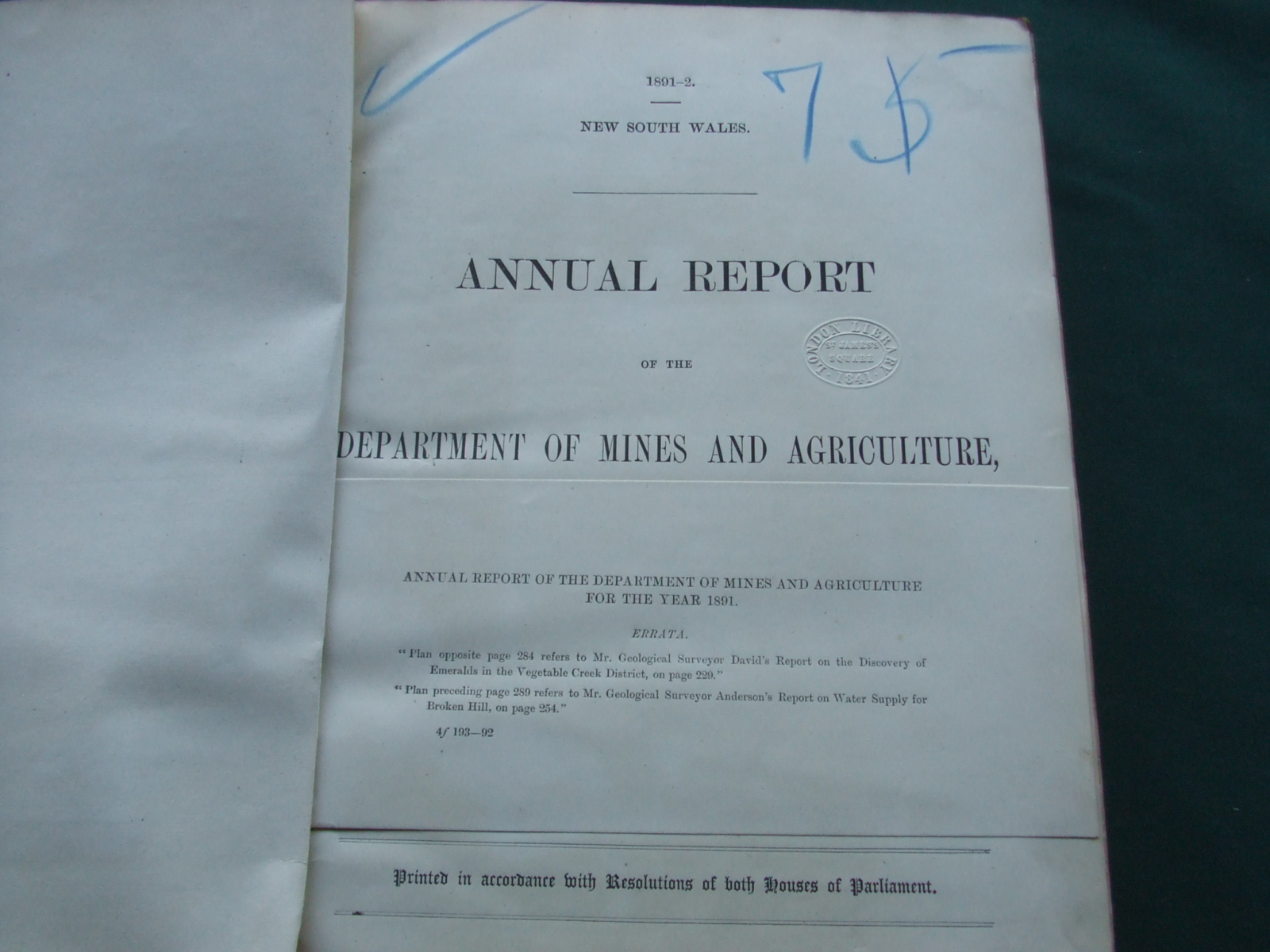 Image for Annual Report of the Department of Mines and Agriculture New South Wales for the Year 1891
