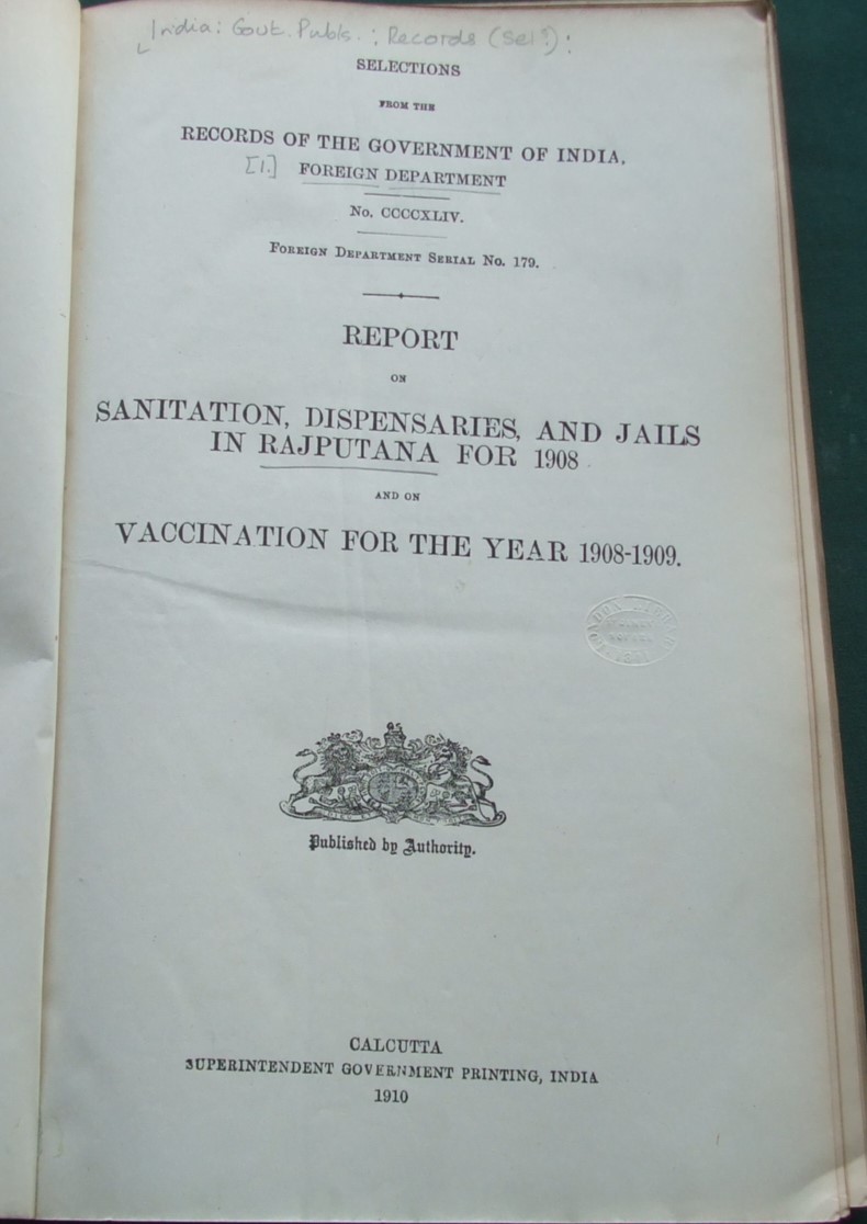 Image for Report on Sanitation, Dispensaries, and Jails in Rajputana for 1908, and on Vaccination for the Year 1908-1909