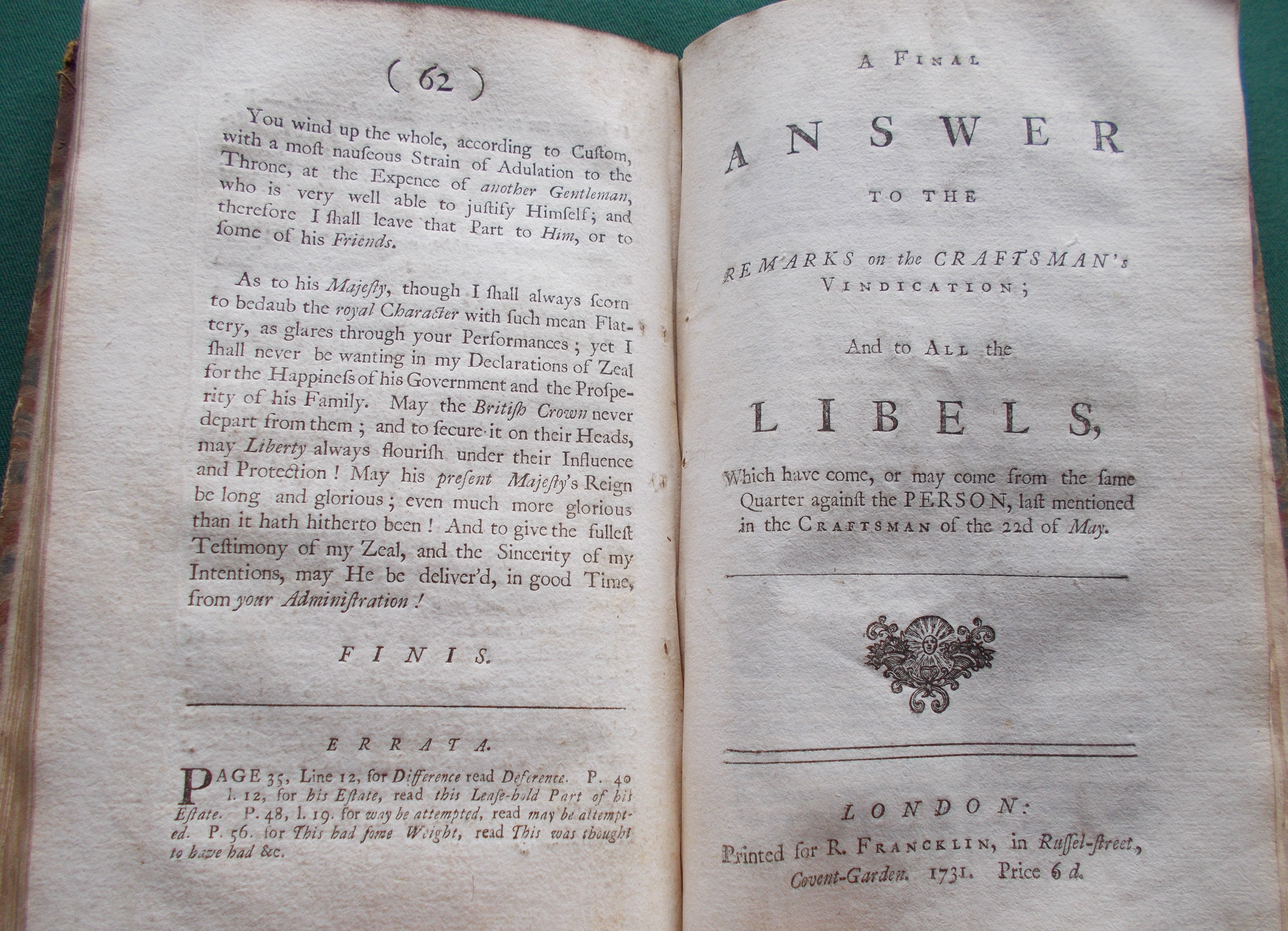 Remarks on the Craftsman's Vindication of His Two Honble Patrons in His ...